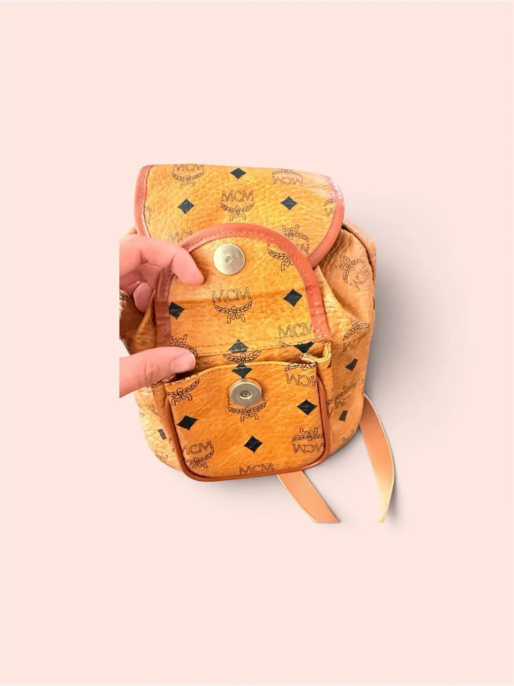 MCM Cognac Visetos Monogram Drawstring Backpack with Black Accents